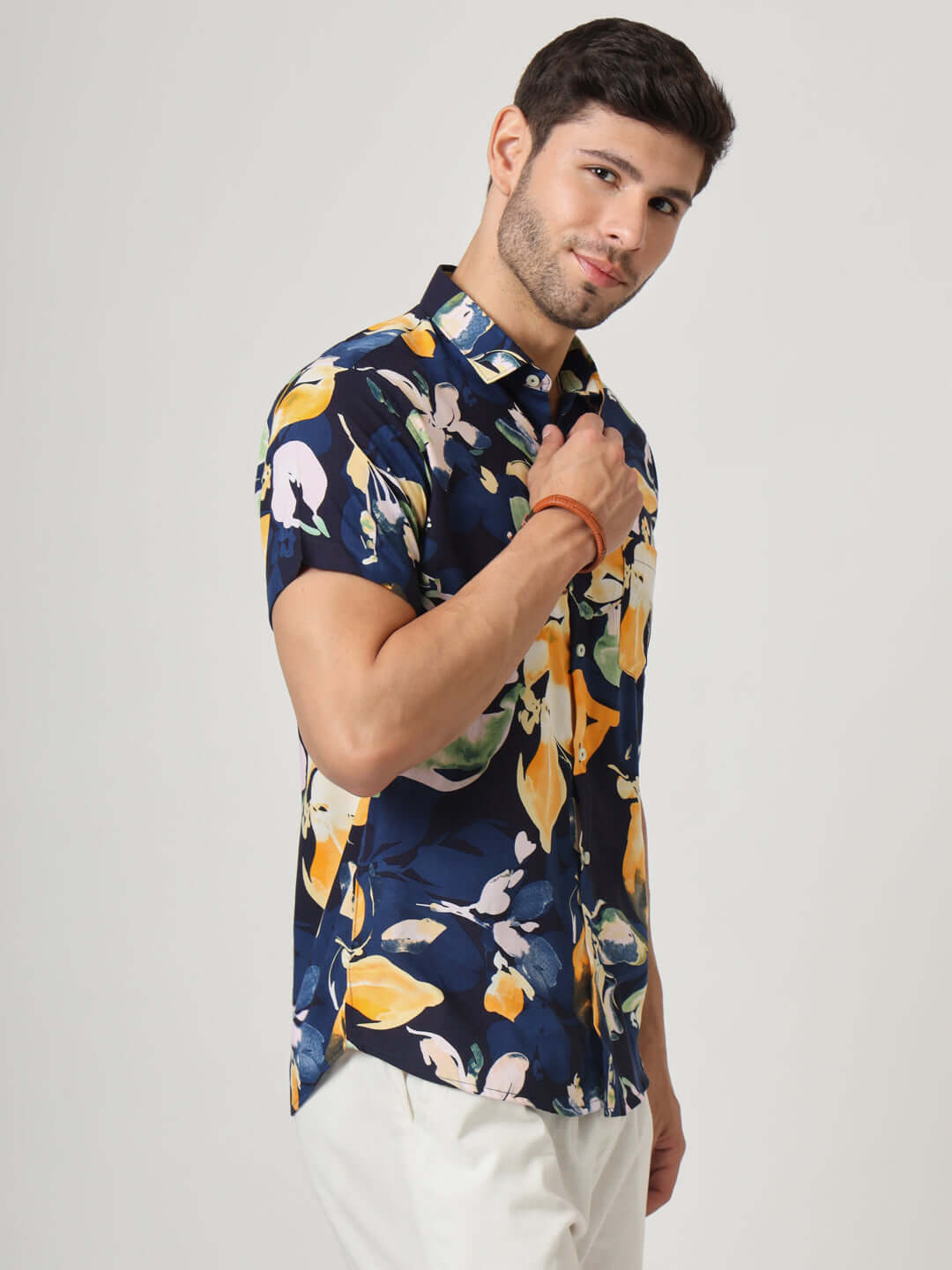 Navy Floral Print Premium Rayon Shirt