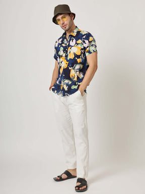Navy Floral Print Premium Rayon Shirt
