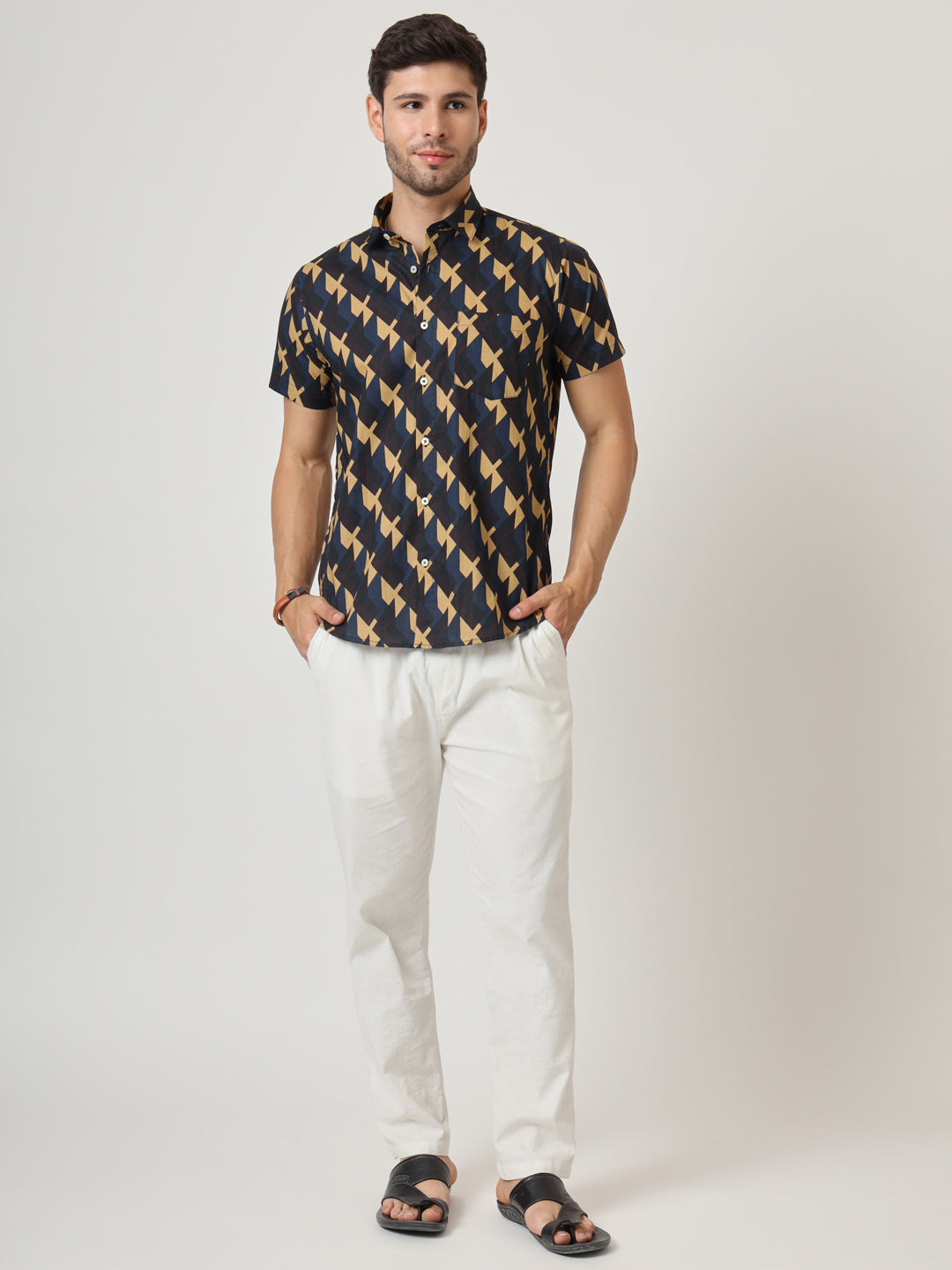 Navy Geometric Print Premium Cotton Shirt