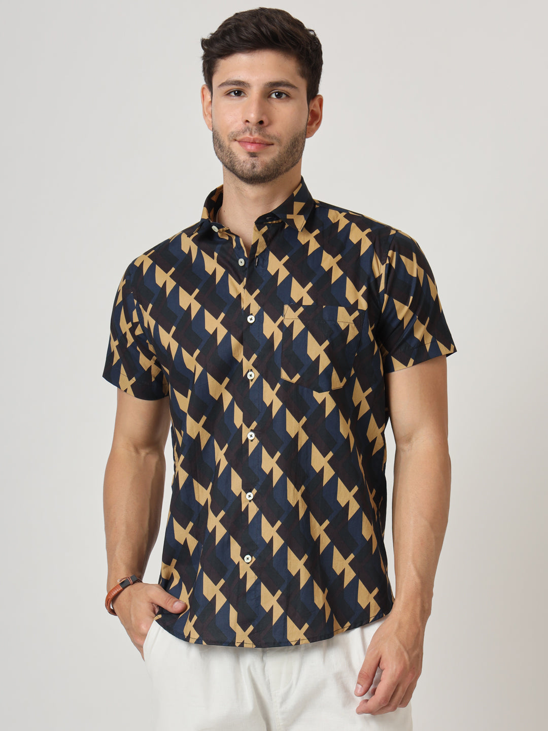 Navy Geometric Print Premium Cotton Shirt