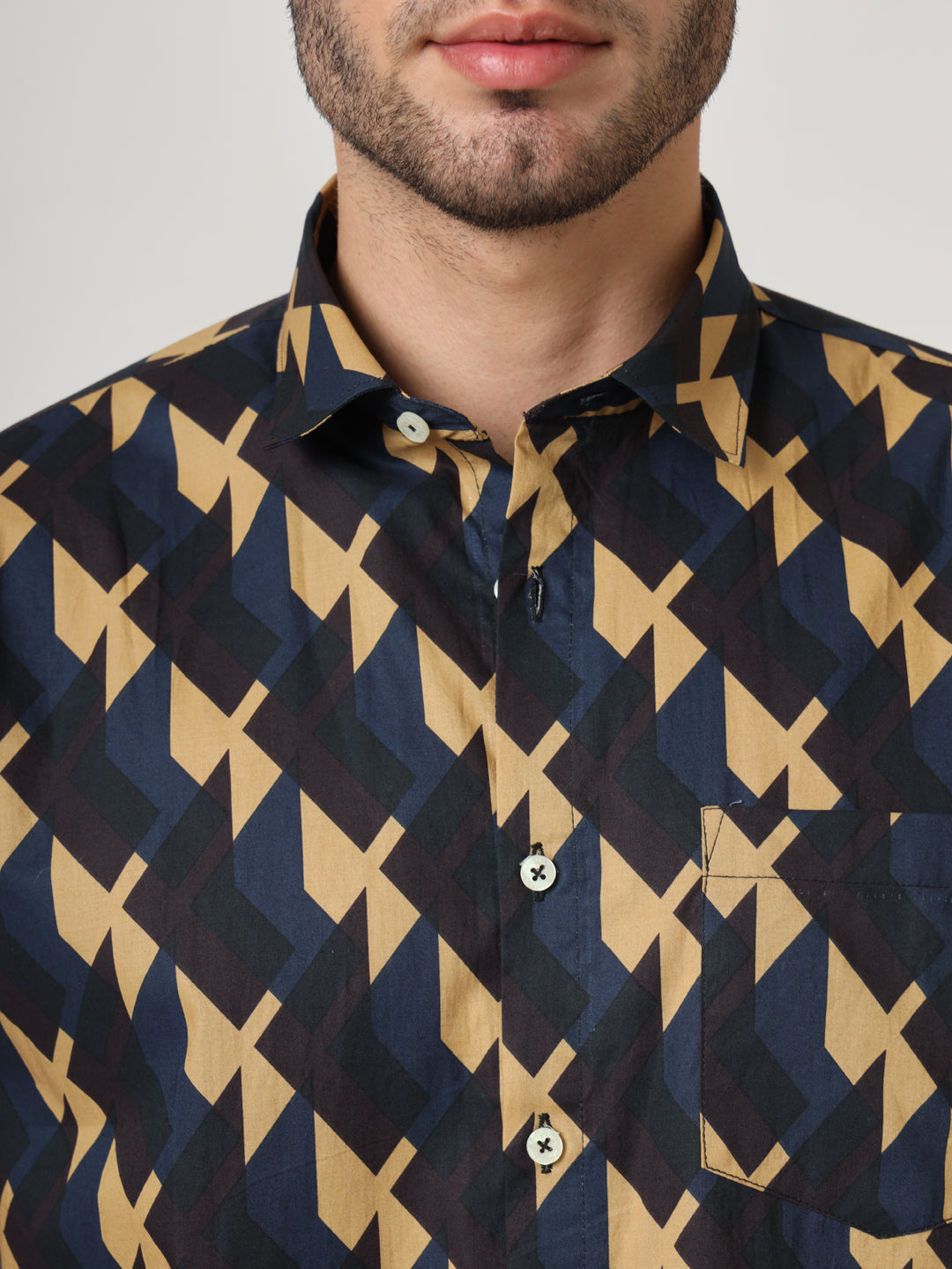 Navy Geometric Print Premium Cotton Shirt