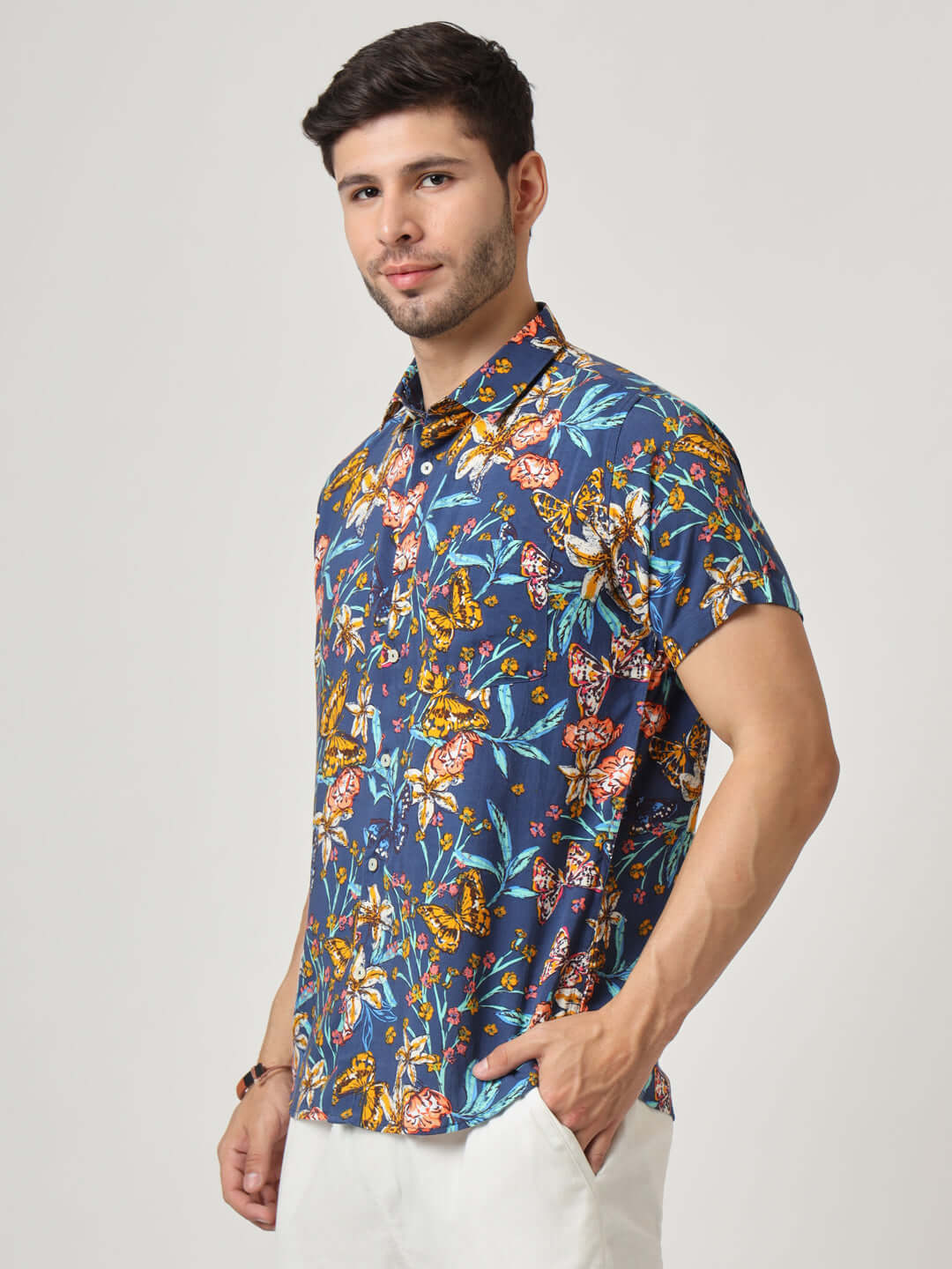 Navy Jungle Print Premium Rayon Shirt