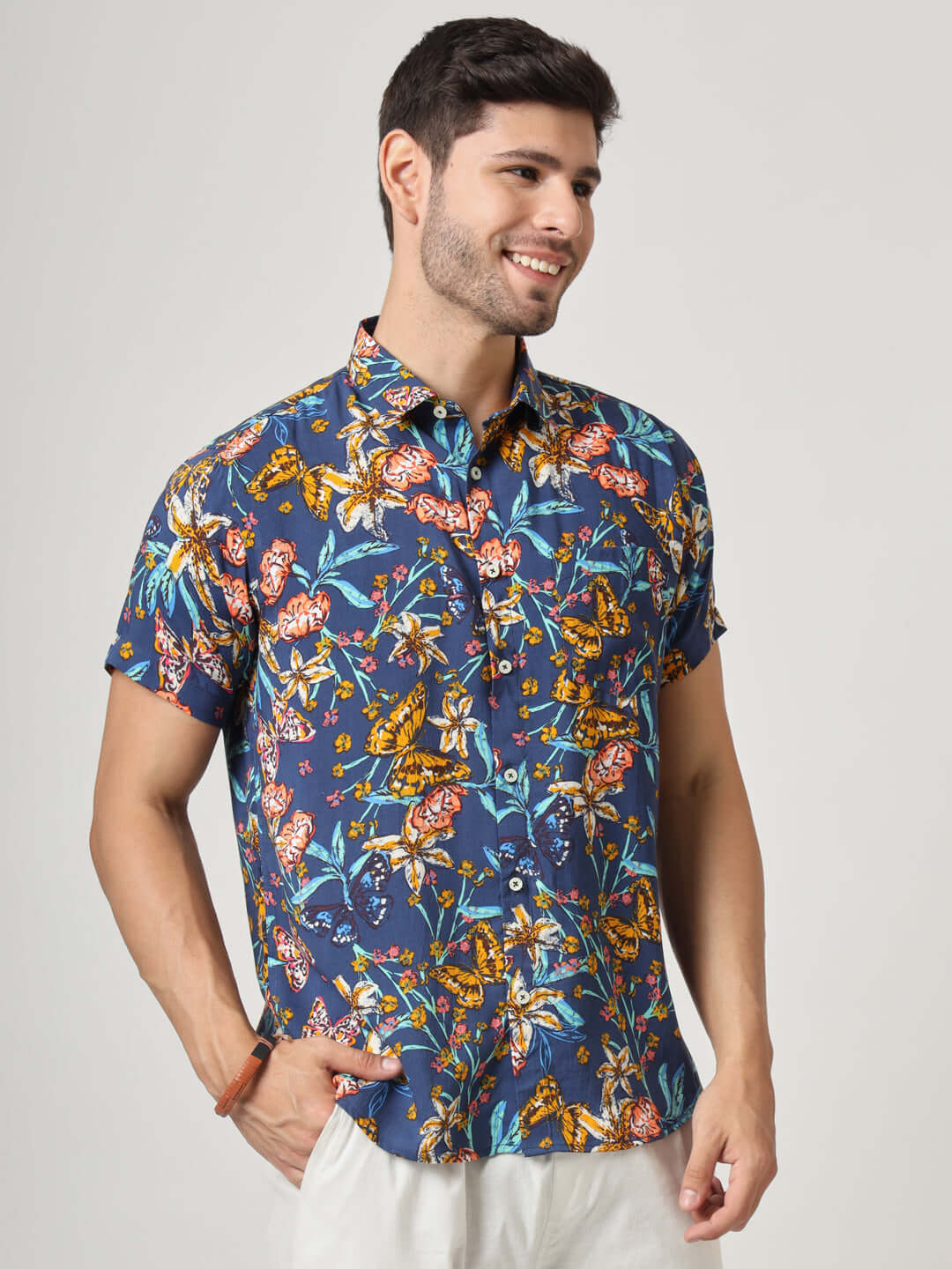 Navy Jungle Print Premium Rayon Shirt