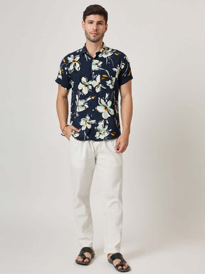 Navy, White And Green Floral Print Premium Rayon Shirt