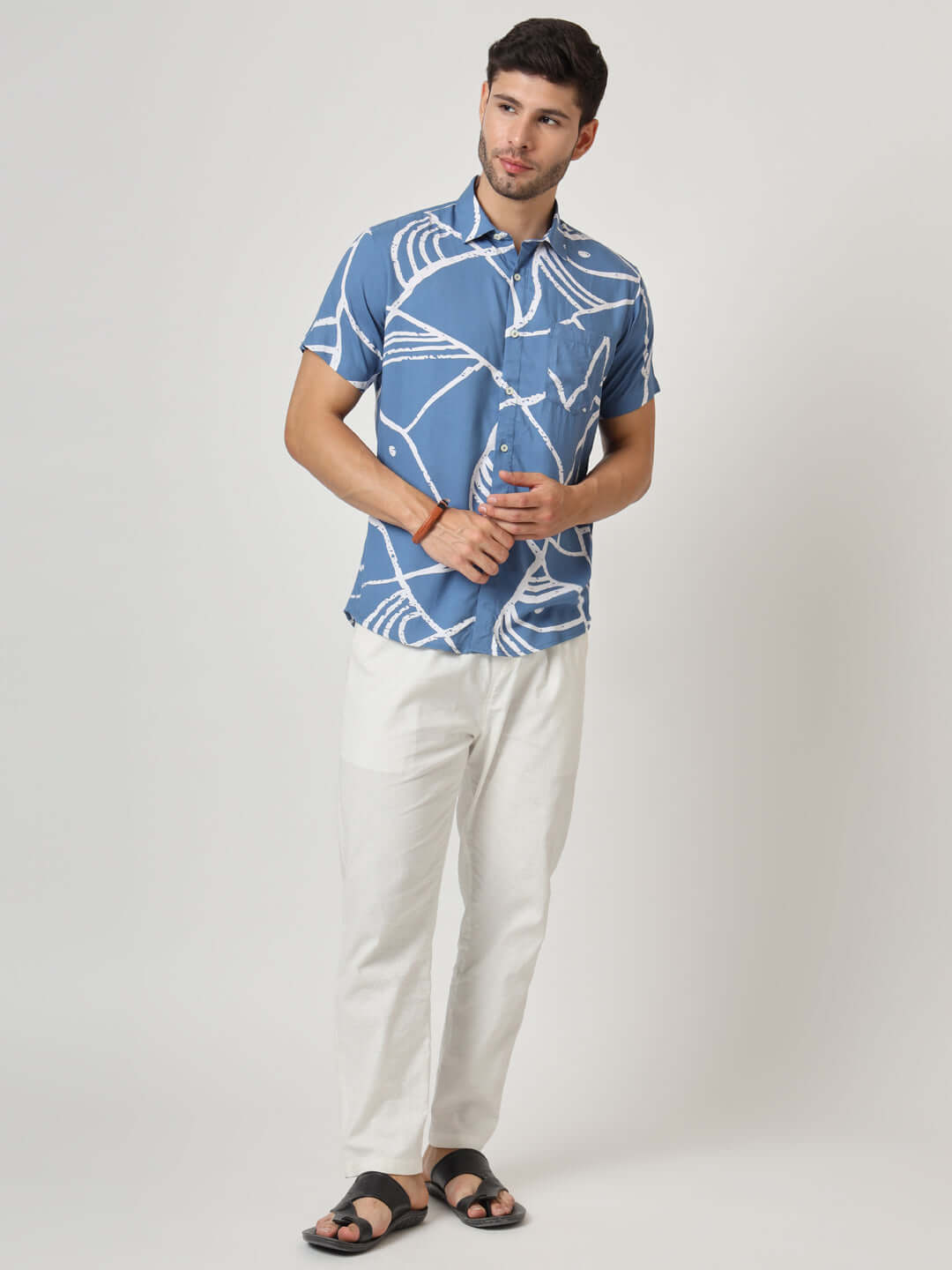 Blue And White Abstract Print Premium Rayon Shirt