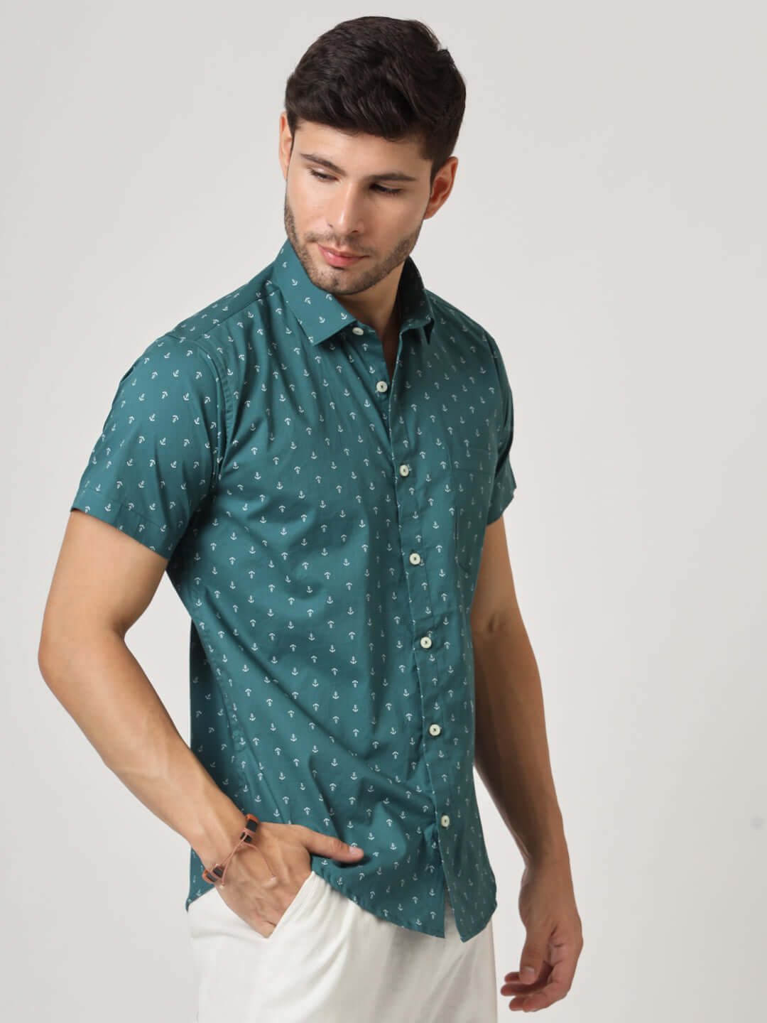 Green Anchor Print Premium Cotton Shirt