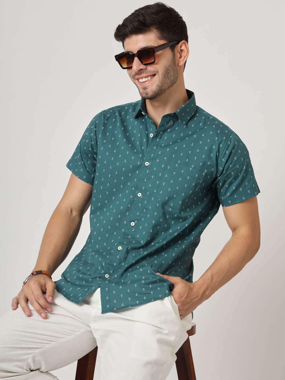 Green Anchor Print Premium Cotton Shirt