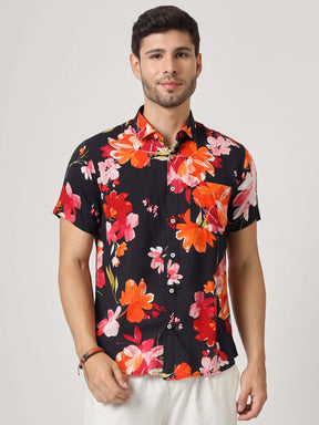 Black Floral Print Premium Rayon Shirt
