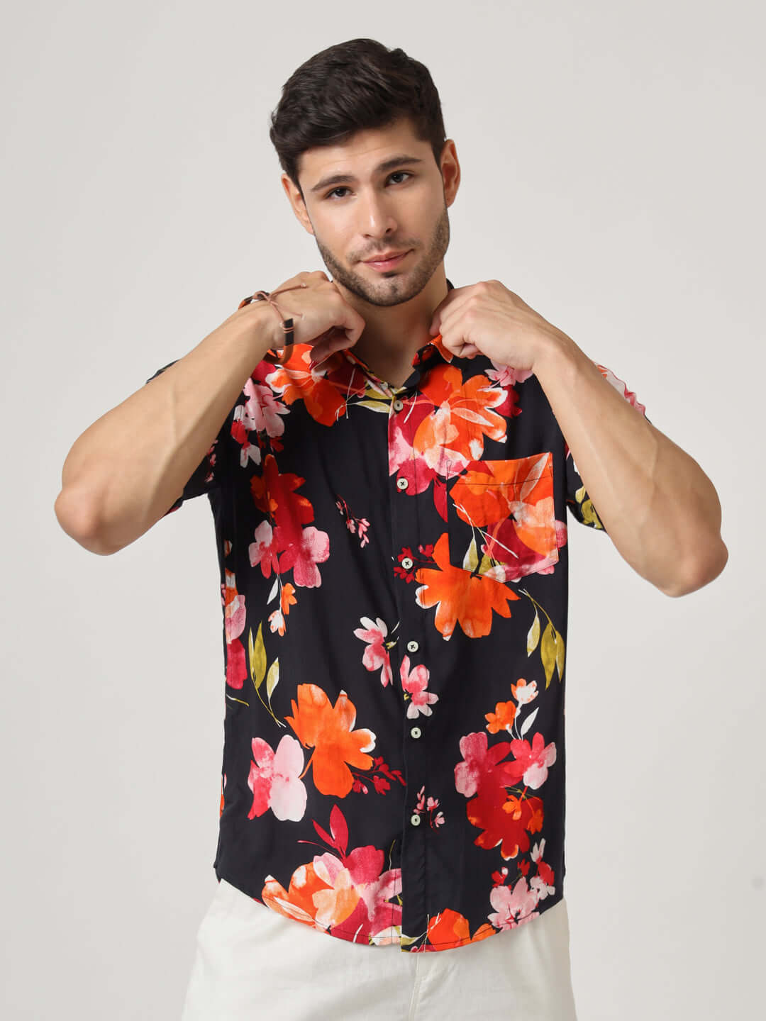 Black Floral Print Premium Rayon Shirt