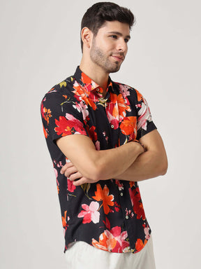 Black Floral Print Premium Rayon Shirt