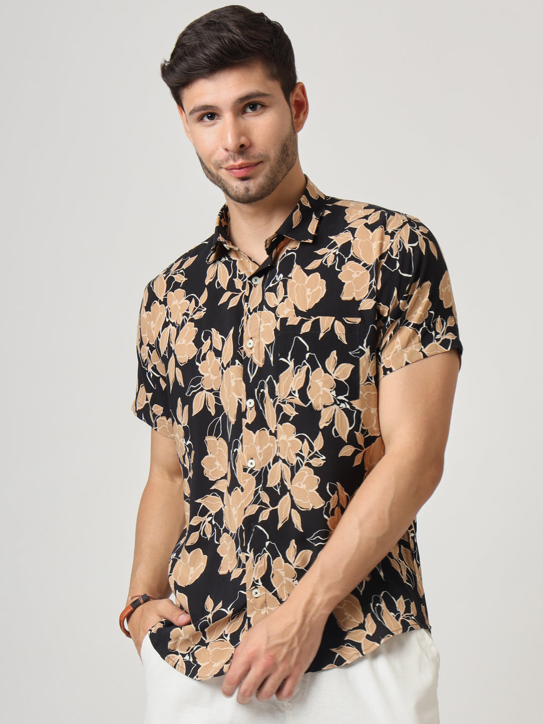 Black And Brown Floral Print Premium Cotton Shirt