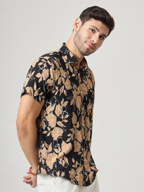 Black And Brown Floral Print Premium Cotton Shirt