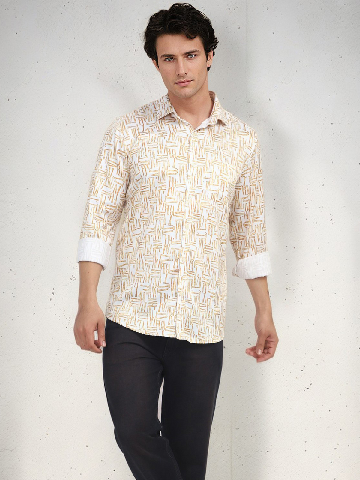 Men's Poly Satin Lycra Mustard Digital Printed Shirt