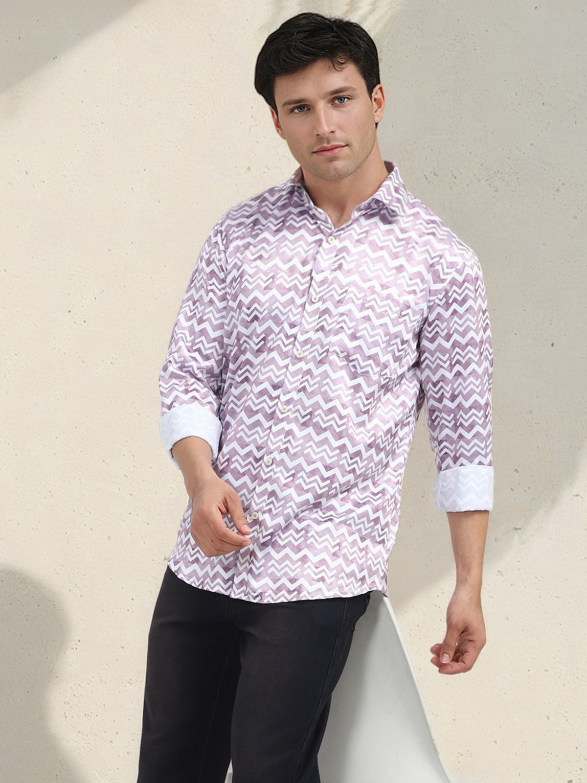 Men's Poly Satin Lycra Mauve Digital Printed Shirt