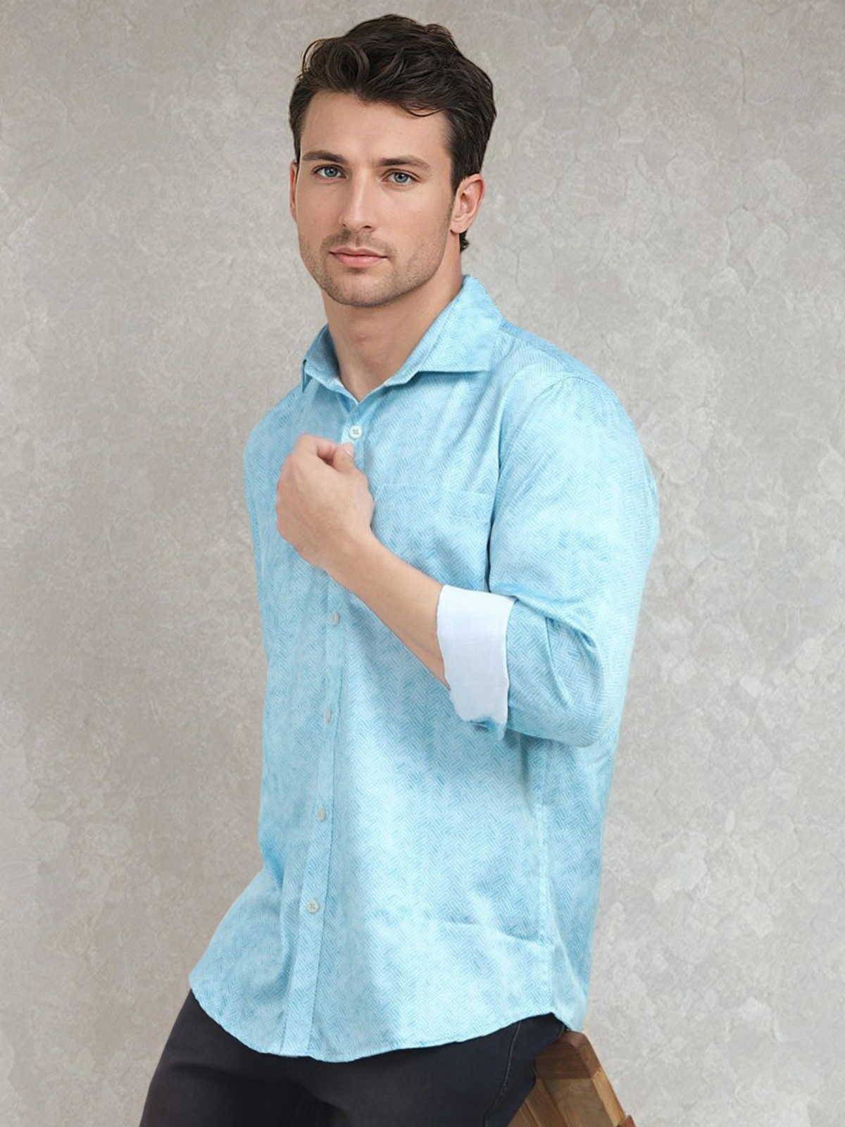 Men's Poly Satin Lycra Sky Blue Digital Printed Shirt
