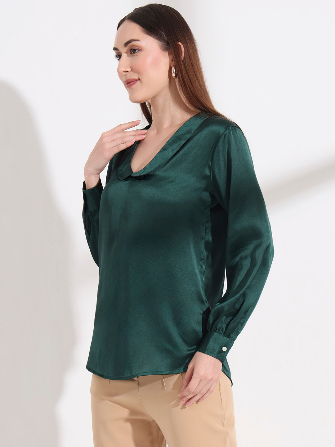 Summer Satin Emerald Green Peter Pan Collar Top