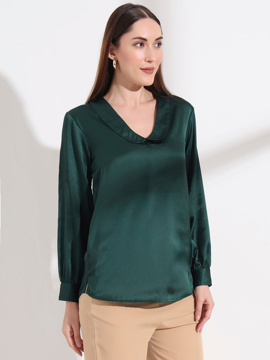 Summer Satin Emerald Green Peter Pan Collar Top