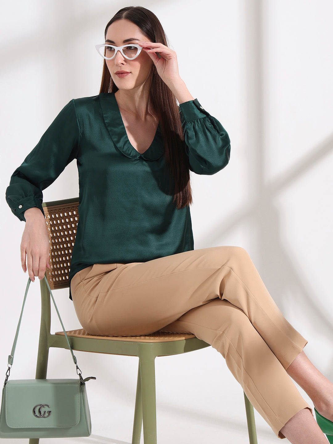 Summer Satin Emerald Green Peter Pan Collar Top