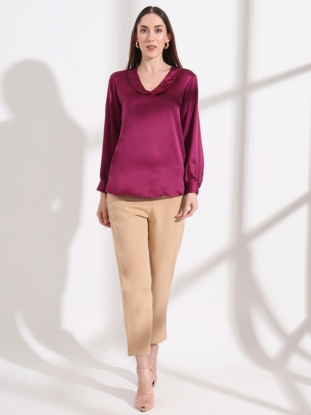 Summer Satin Deep Plum Peter Pan Collar Top