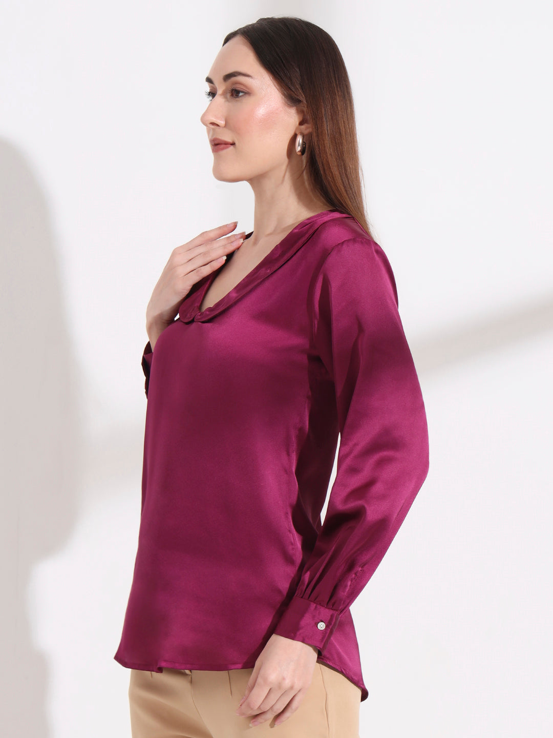 Summer Satin Deep Plum Peter Pan Collar Top