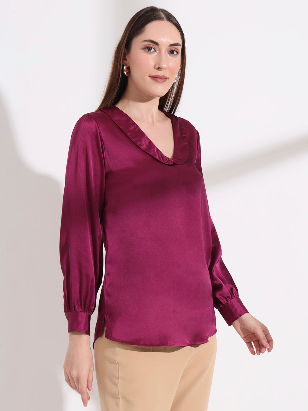 Summer Satin Deep Plum Peter Pan Collar Top