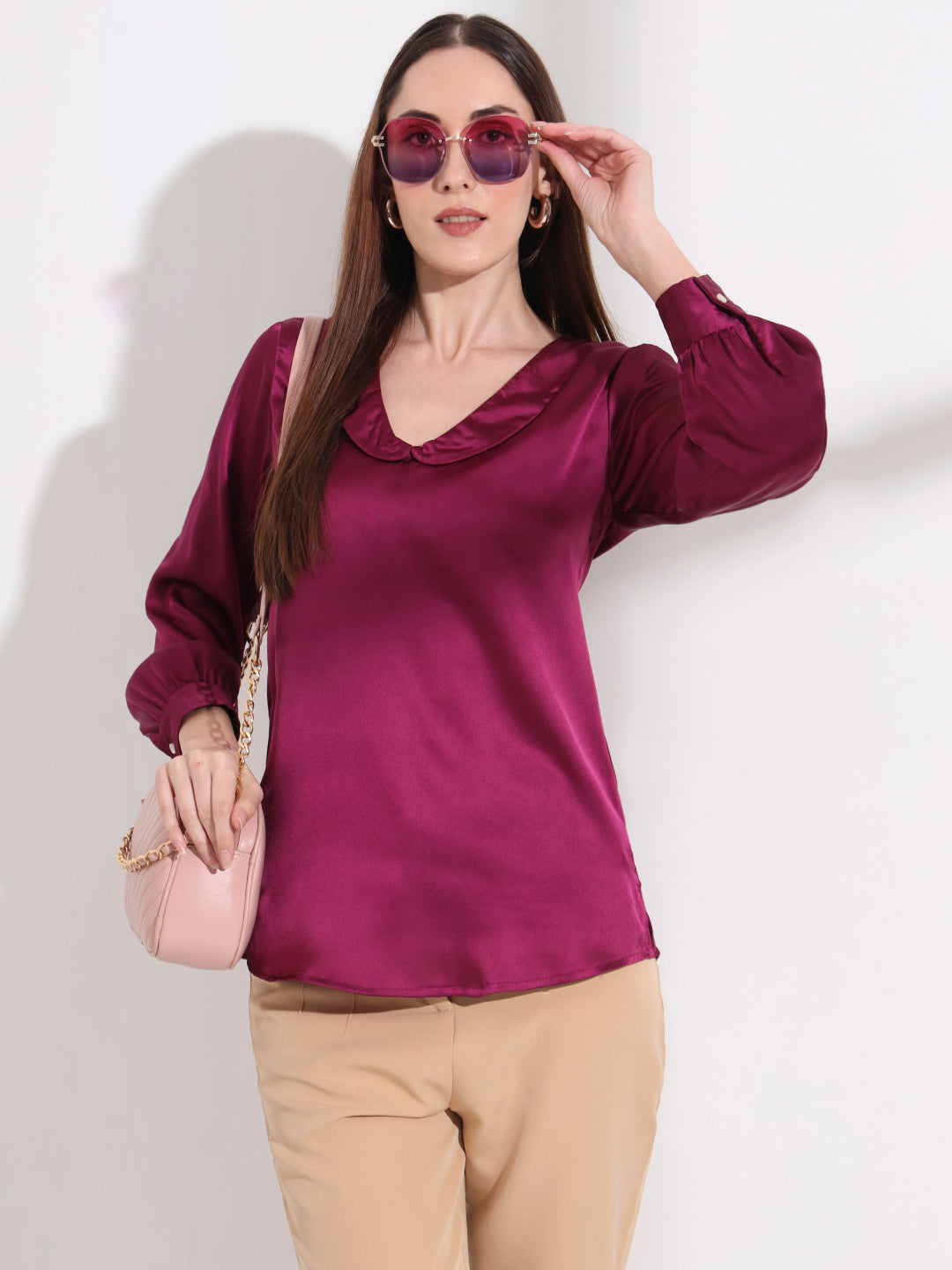 Summer Satin Deep Plum Peter Pan Collar Top