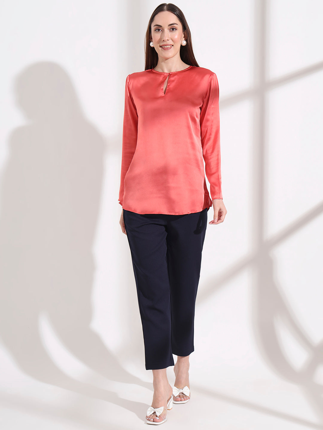 Summer Satin Coral Mandarin Collar Button Tunic