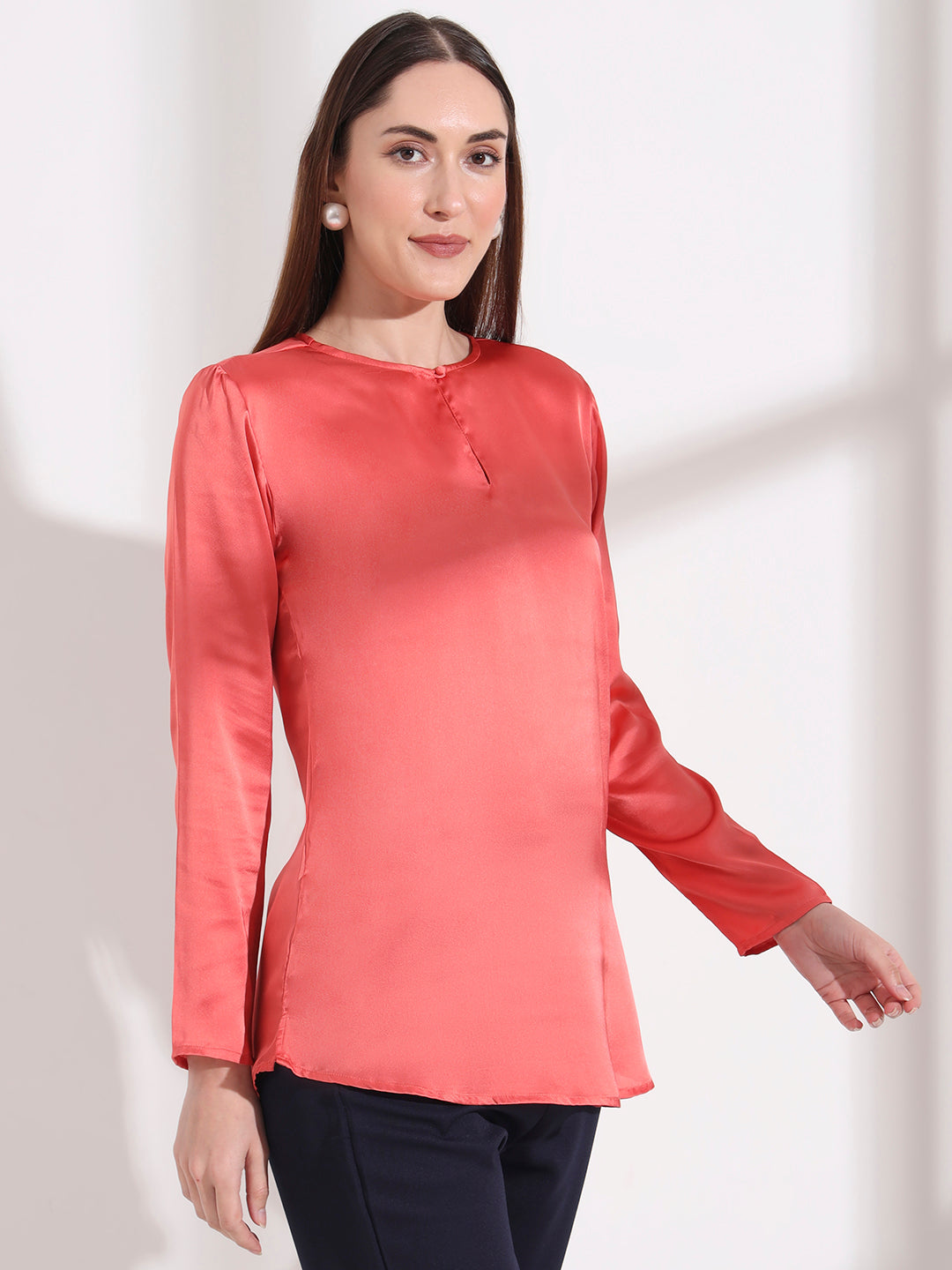 Summer Satin Coral Mandarin Collar Button Tunic