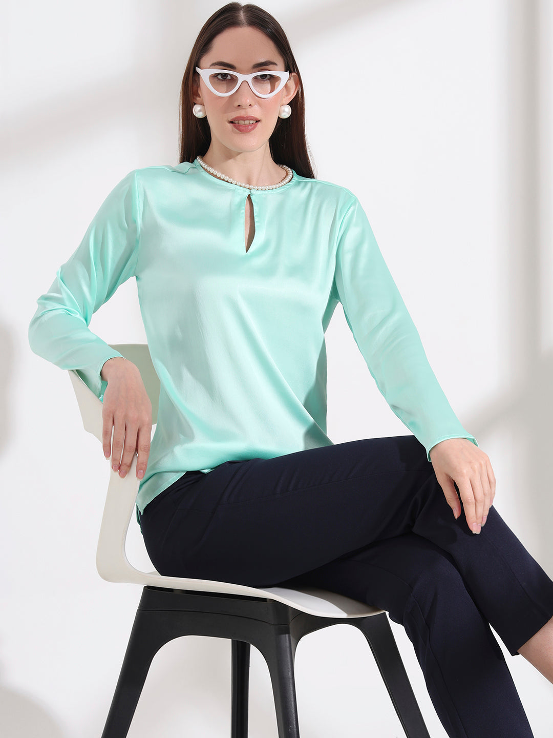 Summer Satin Mint Green Mandarin Collar Button Tunic