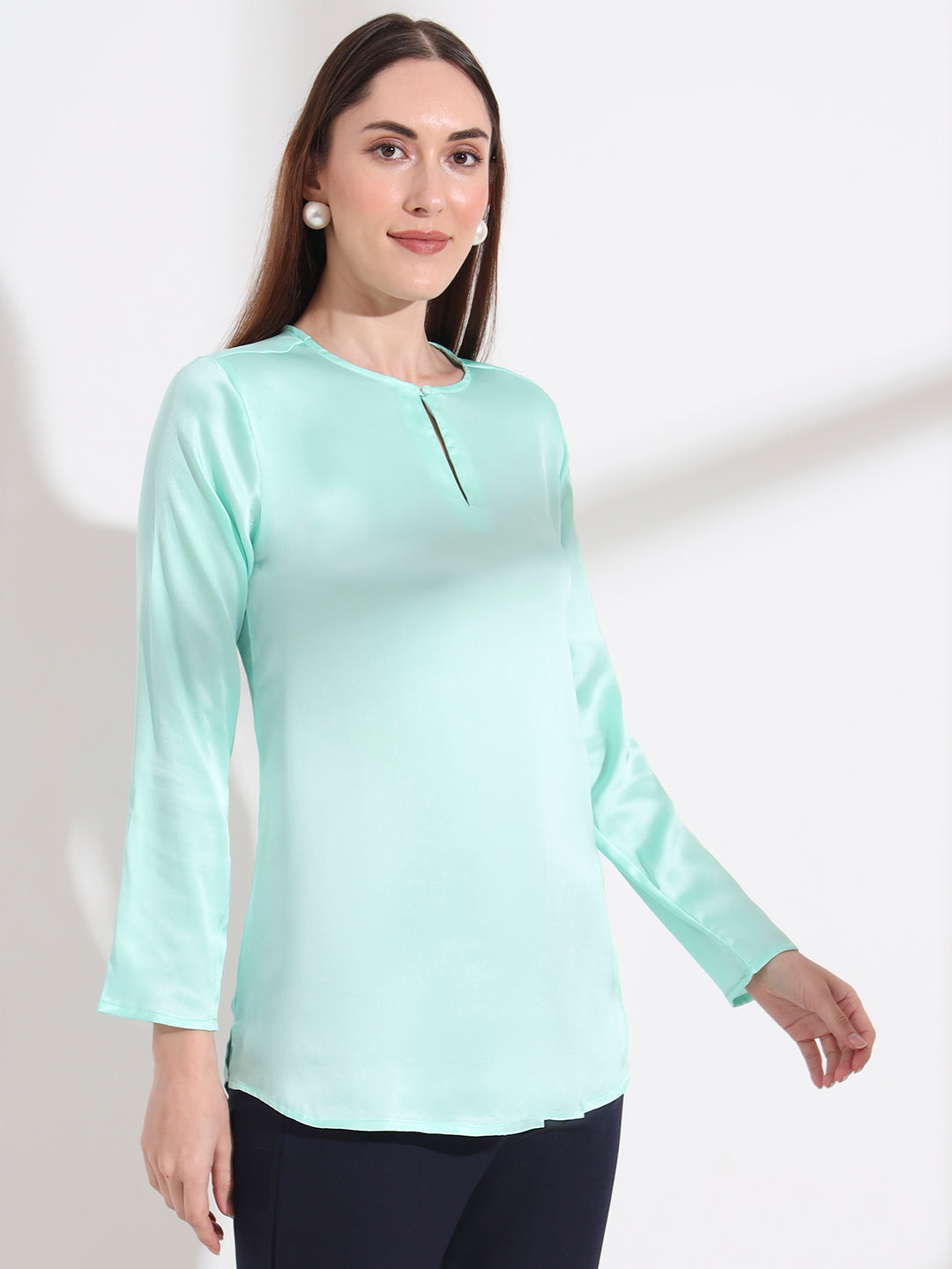 Summer Satin Mint Green Mandarin Collar Button Tunic