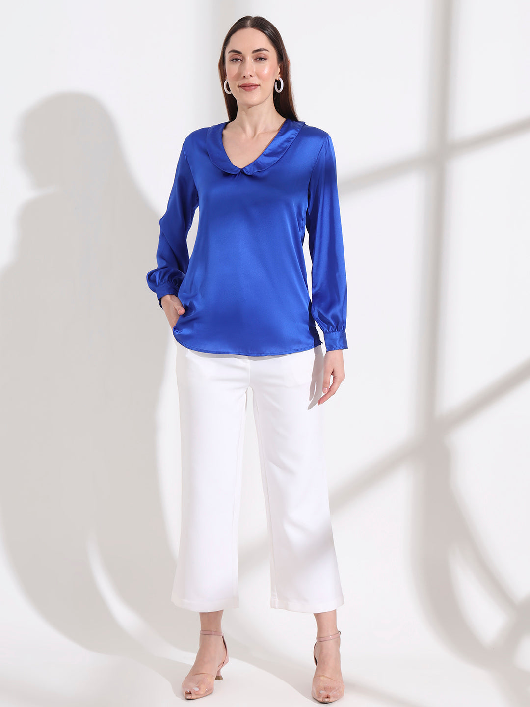 Summer Satin Royal Blue Peter Pan Collar Top