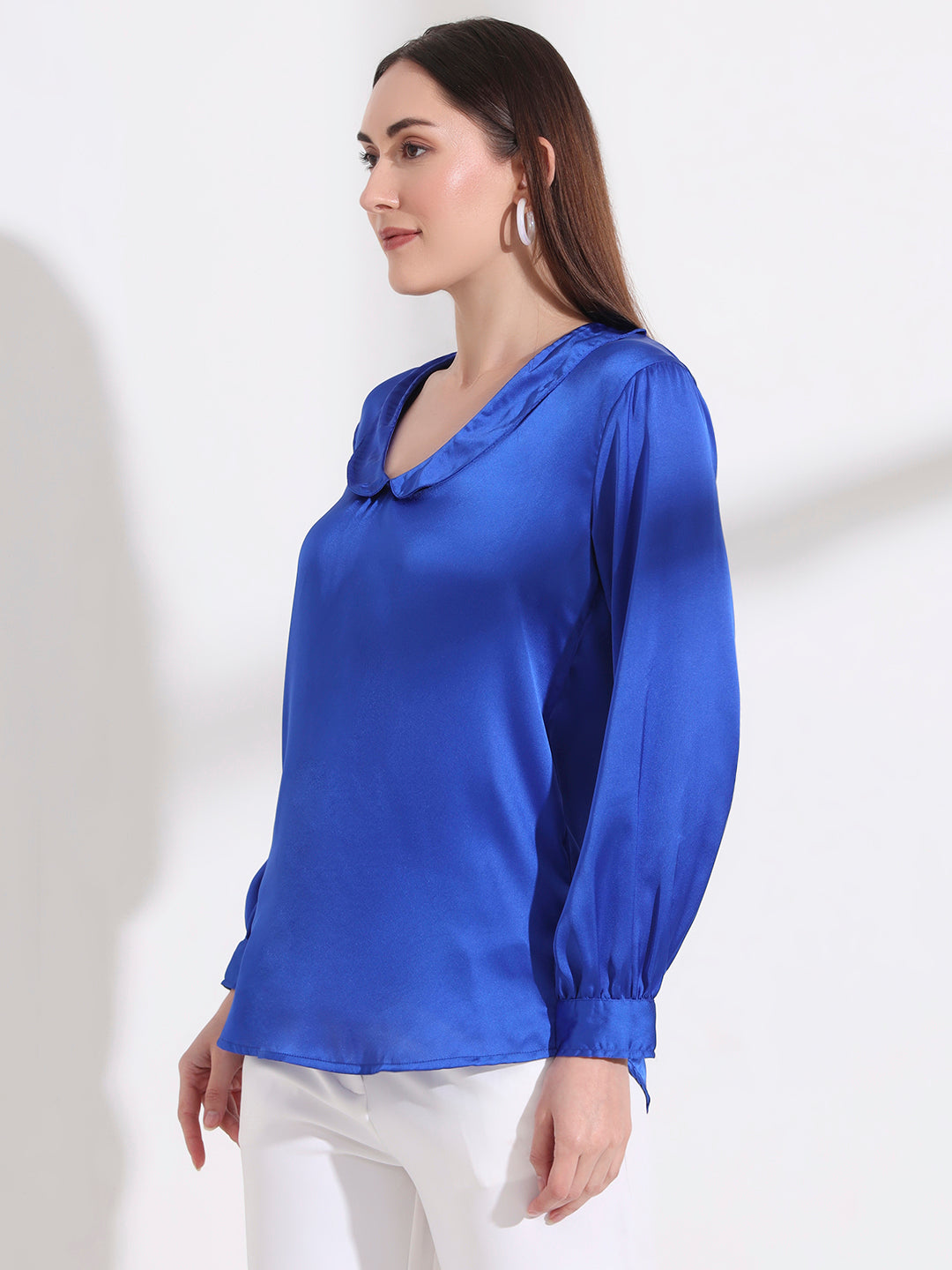 Summer Satin Royal Blue Peter Pan Collar Top