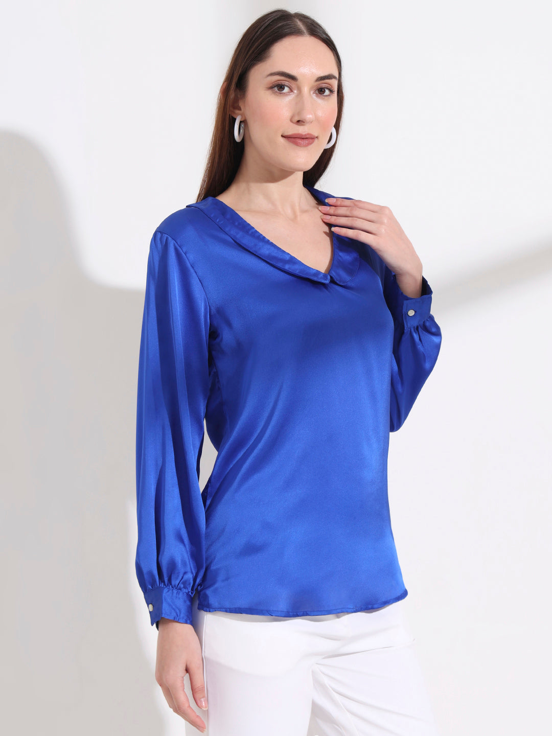 Summer Satin Royal Blue Peter Pan Collar Top