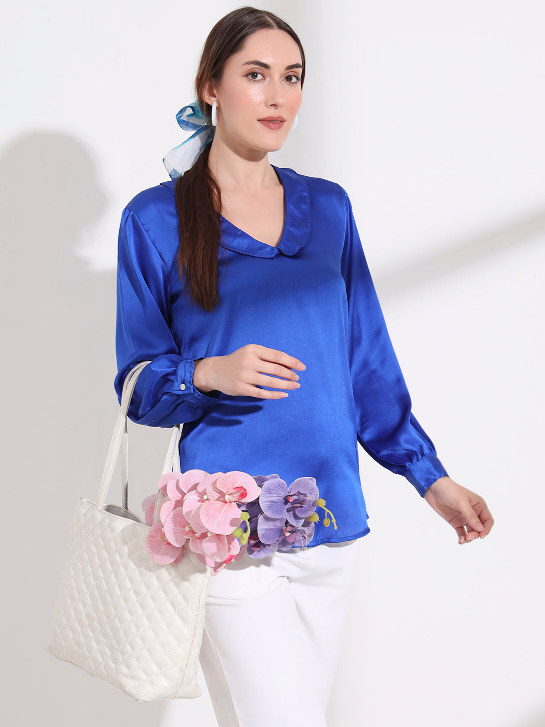 Summer Satin Royal Blue Peter Pan Collar Top