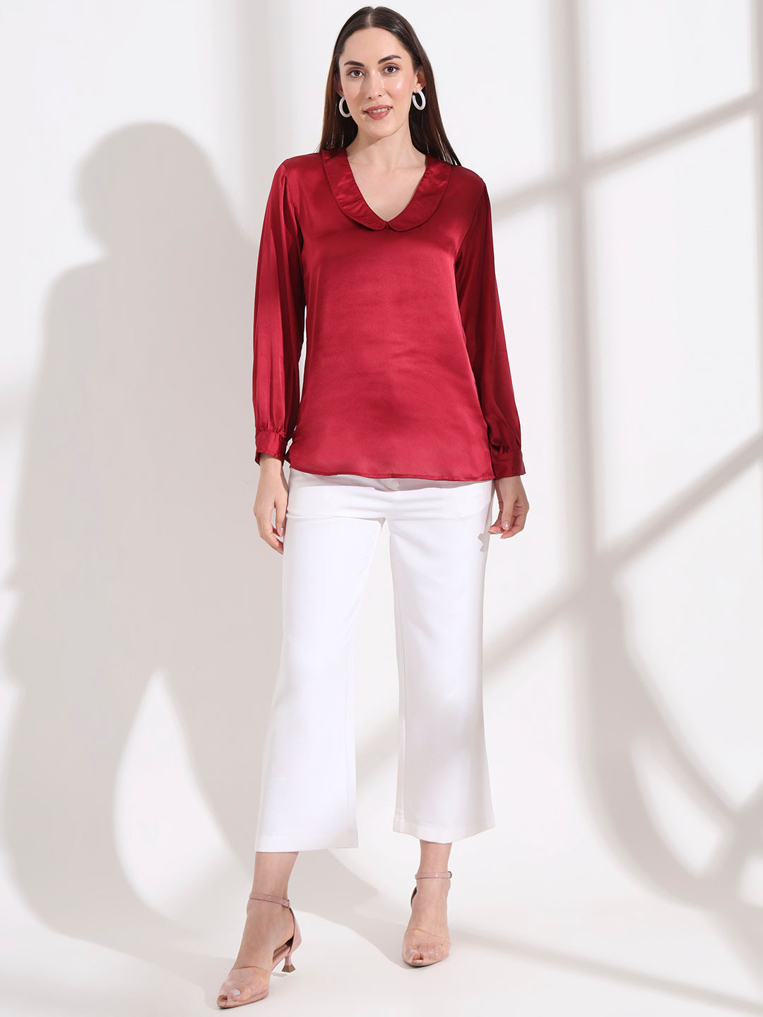 Summer Satin Maroon Peter Pan Collar Top