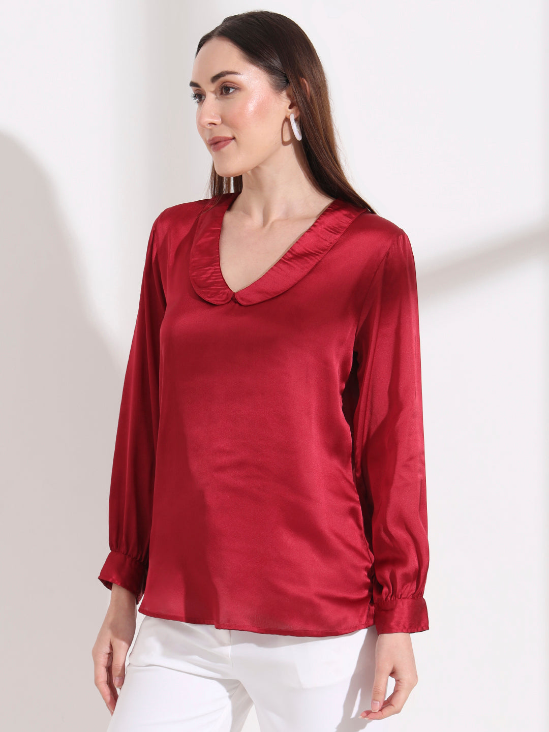 Summer Satin Maroon Peter Pan Collar Top