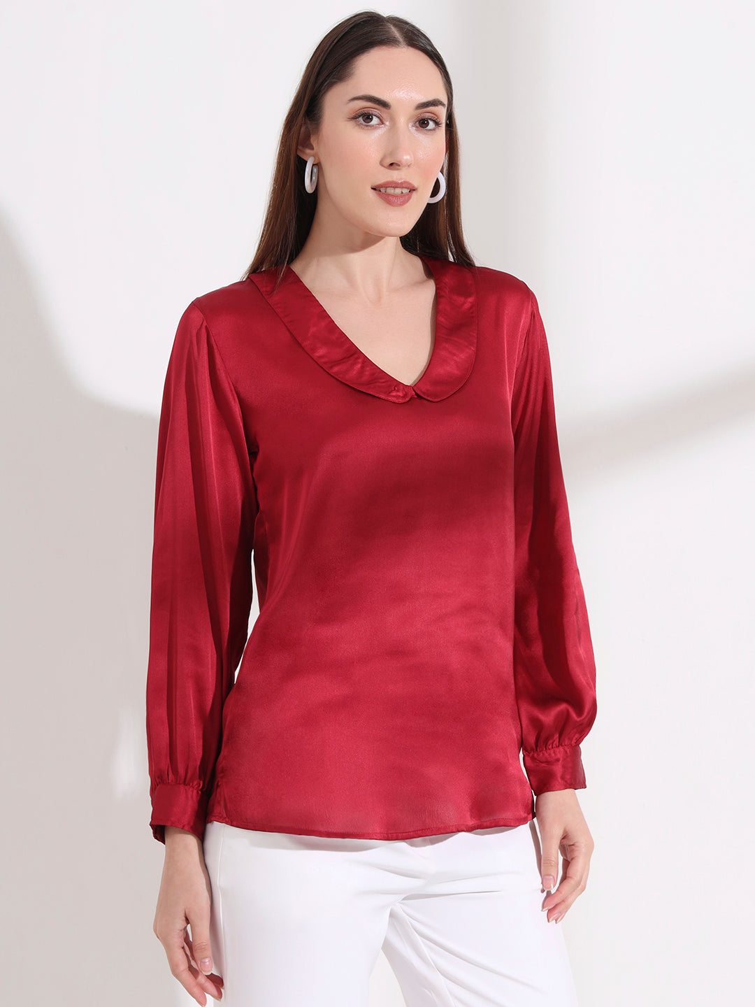 Summer Satin Maroon Peter Pan Collar Top