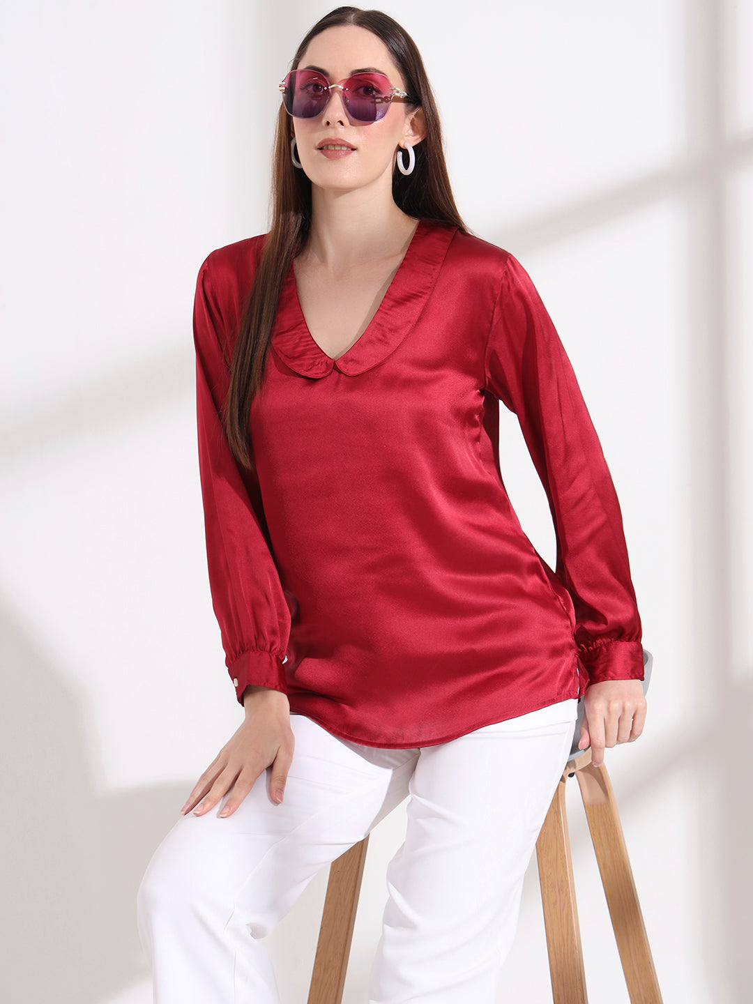 Summer Satin Maroon Peter Pan Collar Top