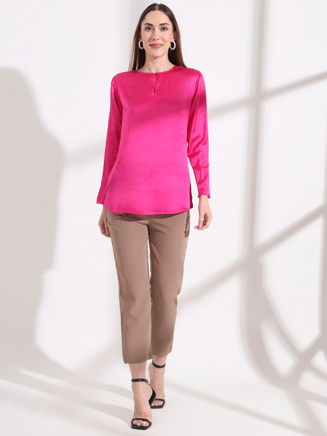 Summer Satin Magenta Mandarin Collar Button Tunic