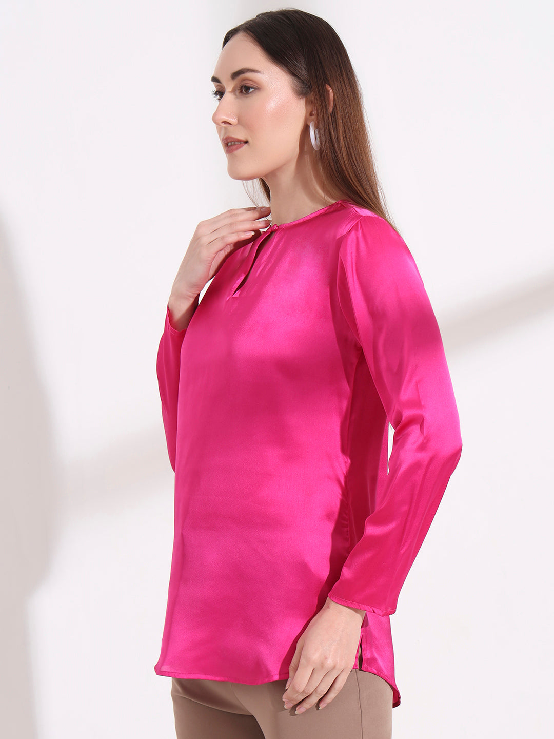 Summer Satin Magenta Mandarin Collar Button Tunic