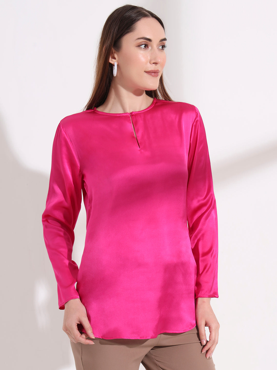 Summer Satin Magenta Mandarin Collar Button Tunic