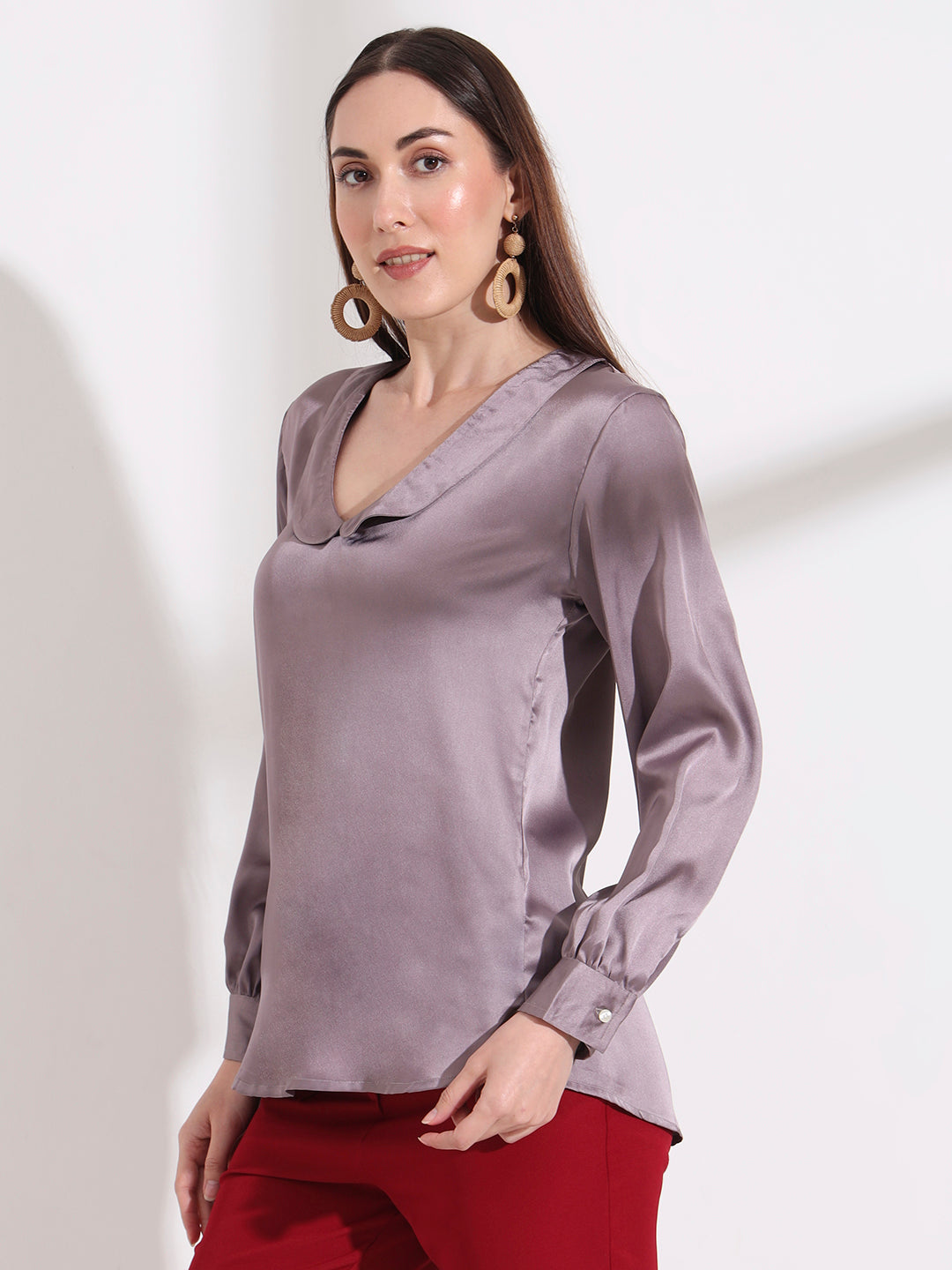 Summer Satin Mauve Peter Pan Collar Top