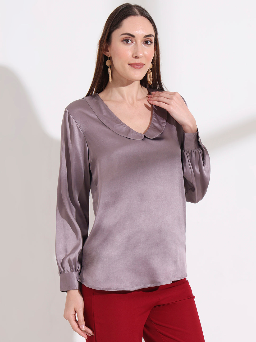 Summer Satin Mauve Peter Pan Collar Top