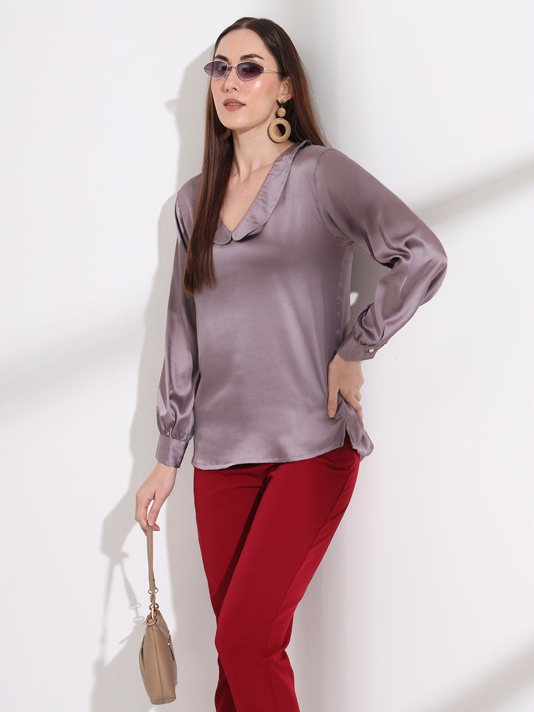 Summer Satin Mauve Peter Pan Collar Top