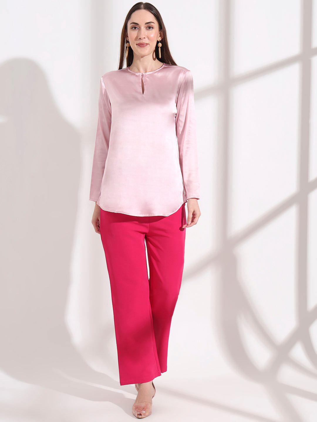 Summer Satin Light Pink Mandarin Collar Button Tunic