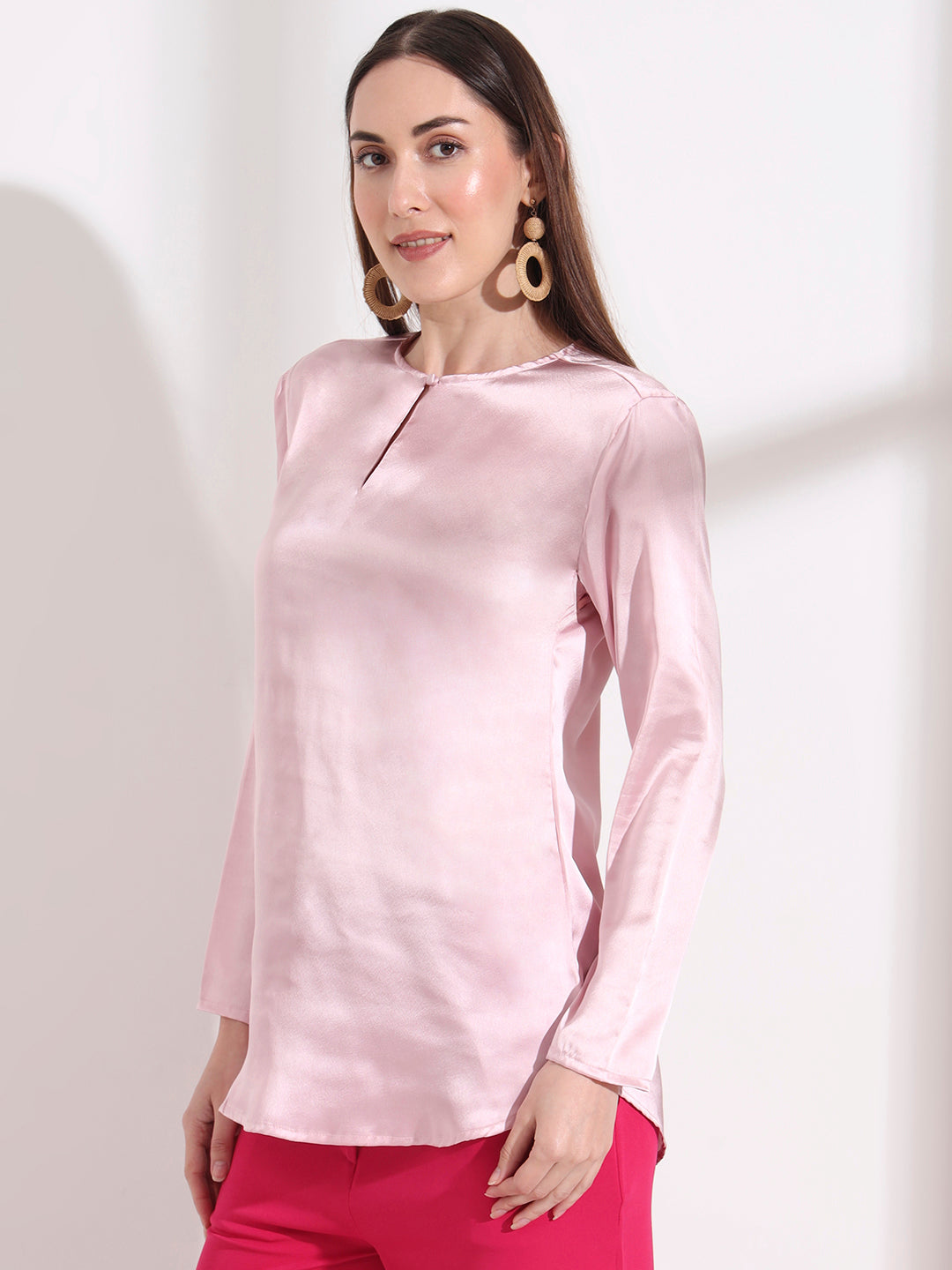 Summer Satin Light Pink Mandarin Collar Button Tunic