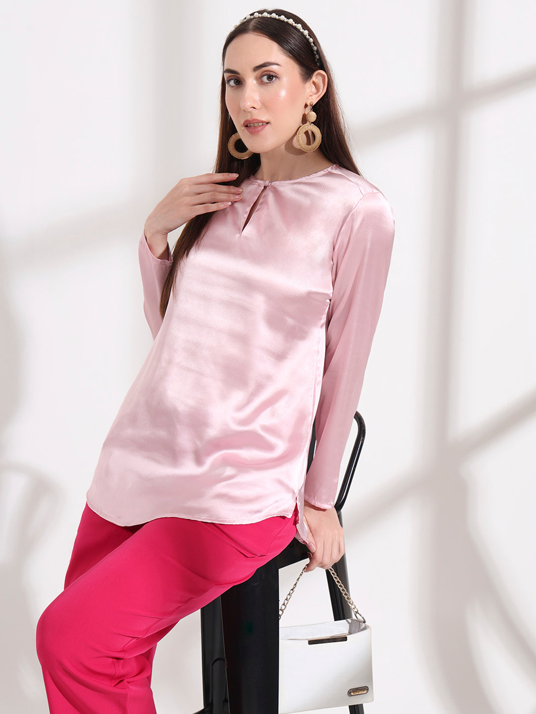 Summer Satin Light Pink Mandarin Collar Button Tunic