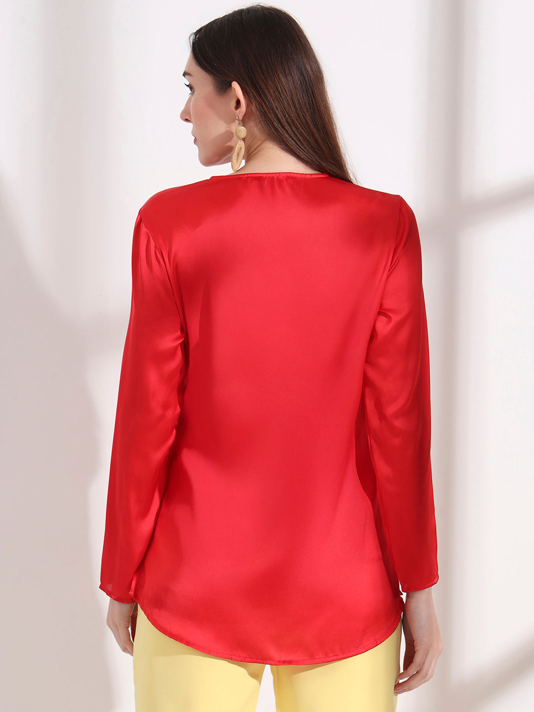 Summer Satin Red Mandarin Collar Button Tunic
