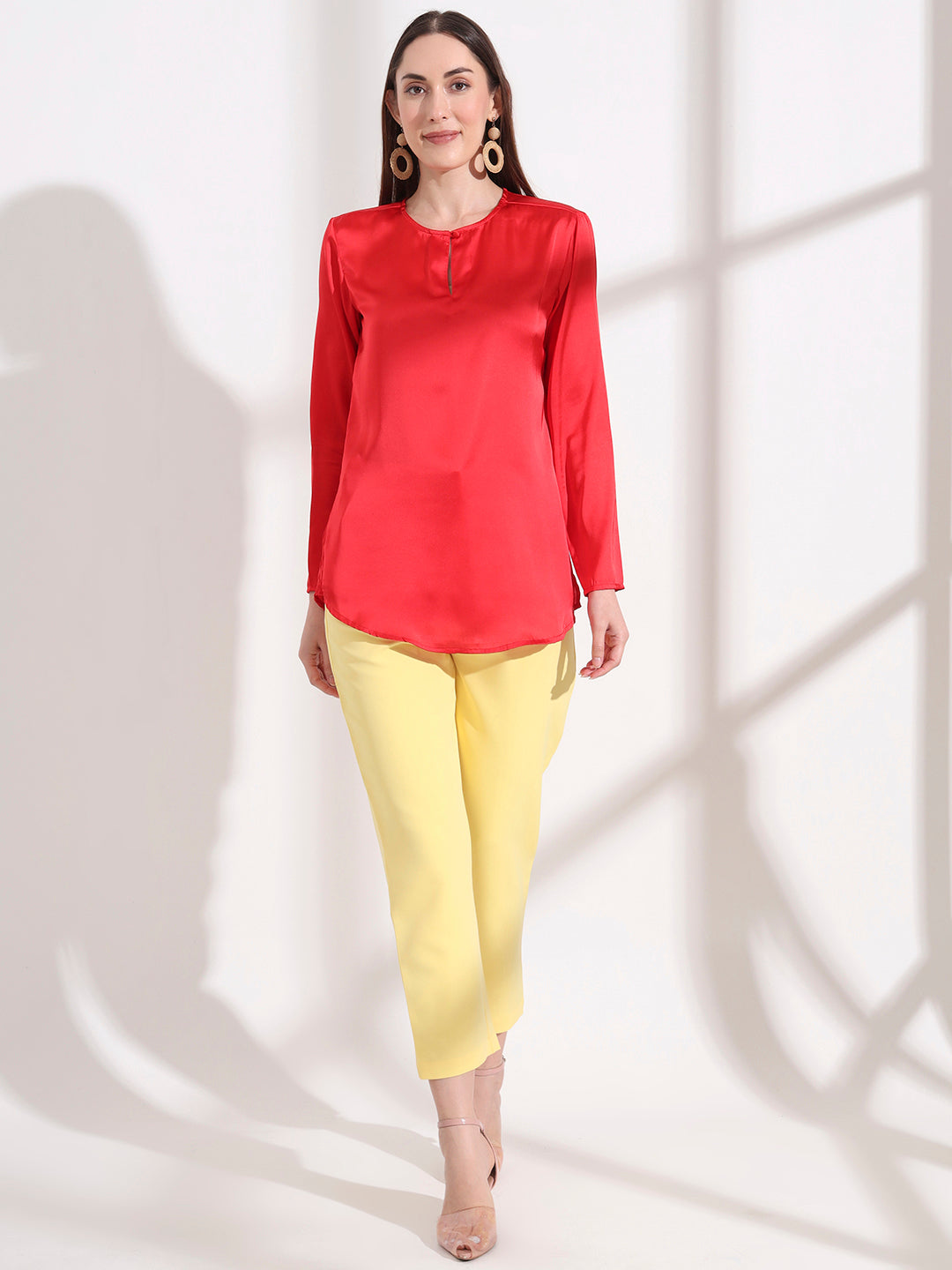Summer Satin Red Mandarin Collar Button Tunic