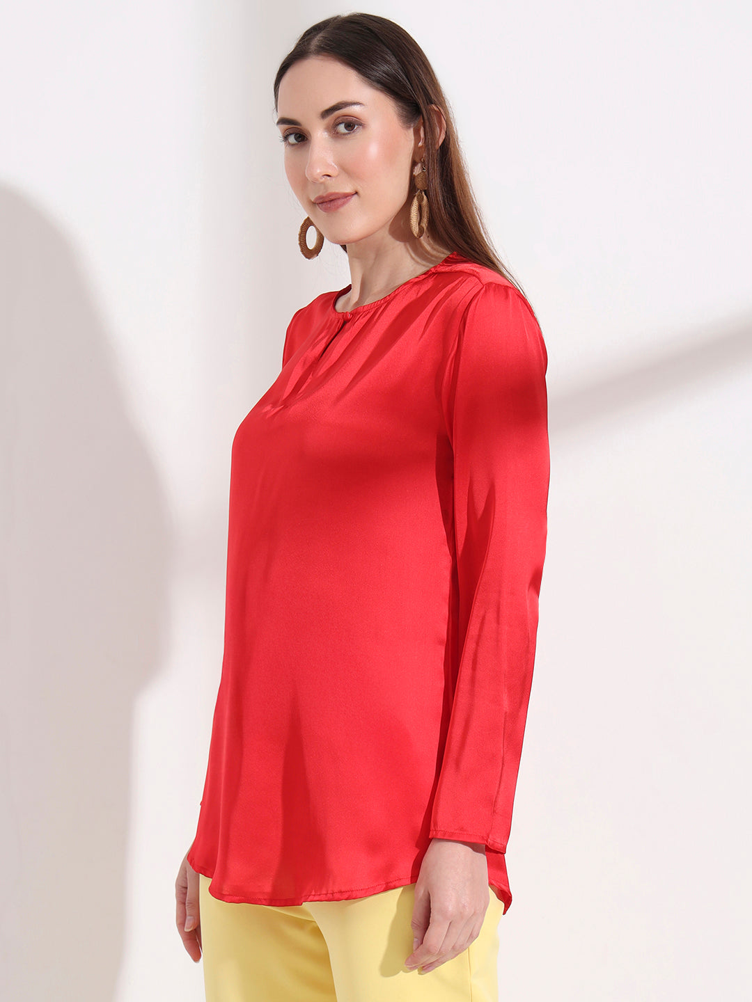Summer Satin Red Mandarin Collar Button Tunic